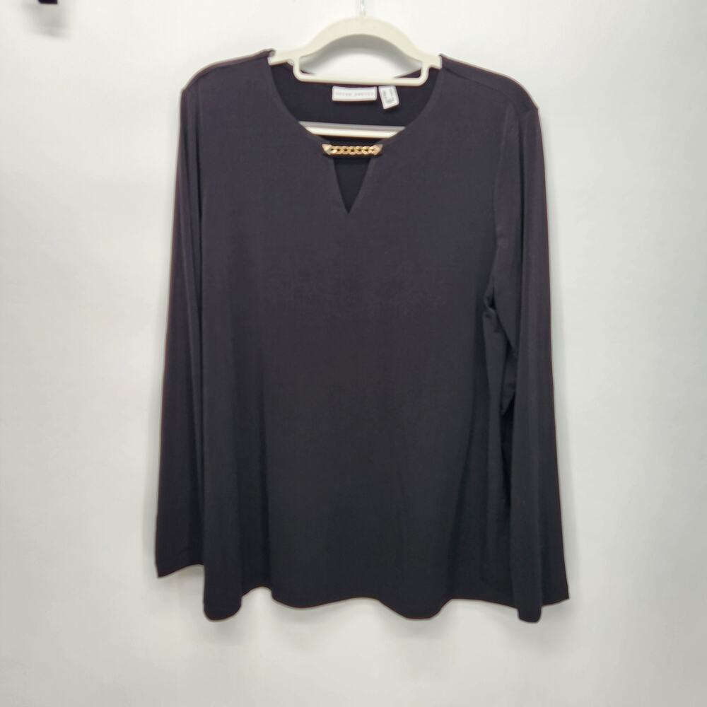 Susan Graver Black Liquid Knit Gold Chain Stretchy Classic Blouse Women's M
